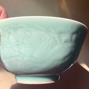 Celadon Embossed 6” Diameter Green Rice Bowl Koi Fish